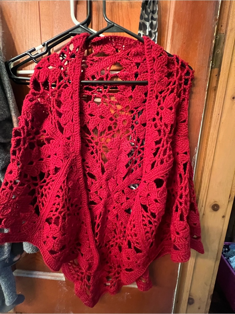 Red Crochet Open-Front Women's handmade shawl  / cape   Deep burgundy color OSFA